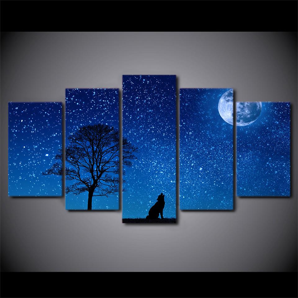 960x960 Howling Wolf Tree Blue Moon Stars Sky Panel Wall Art On Canvas - Moon Canvas Painting
