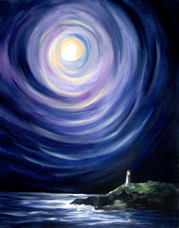 570x726 Moon And A Lighthouse, Surreal Landscape Painting - Moon Landscape Painting