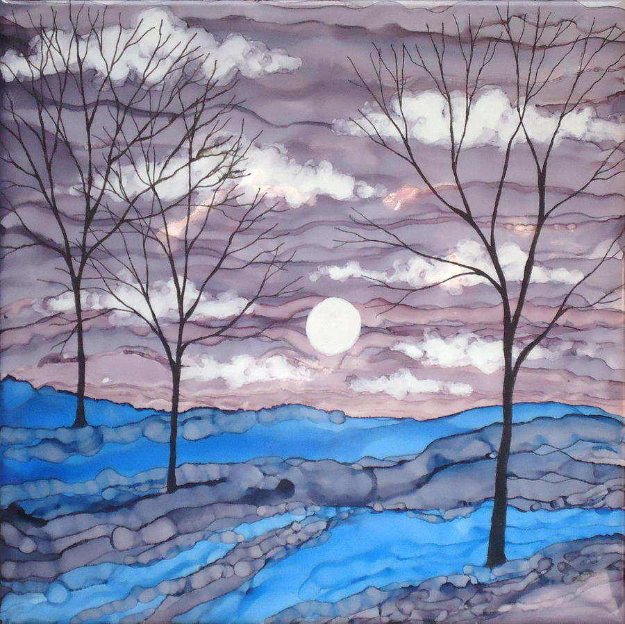 900x899 Winter Trees And Moon Landscape Painting By Laurie Anderson - Moon Landscape Painting