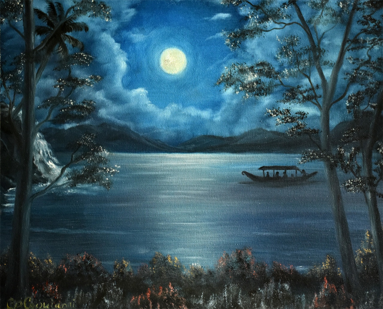 1280x1033 Buy Boating In Full Moon Handmade Painting By Goutami Mishra. Code - Moon Oil Painting
