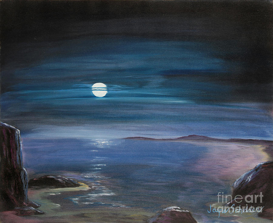 900x738 Moon Over Quiet Ocean Painting By Jayne Schelden - Moon Over Ocean Painting