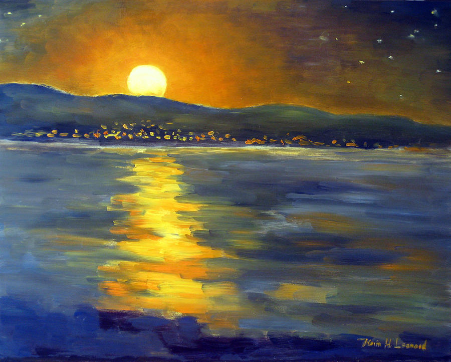900x722 Night Over Water Paintings Fine Art America - Moon Over Ocean Painting