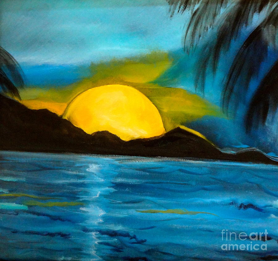 900x846 Tropical Moonshine Painting By Jenny Lee - Moon Over Ocean Painting