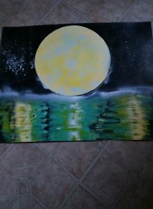 220x300 Art Spray Painting Space Painting Full Moon Rising Over Ocean - Moon Over Ocean Painting