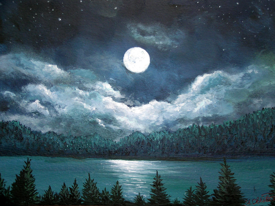 900x675 Luminous Lake Painting By Amy Scholten - Moon Over Water Painting