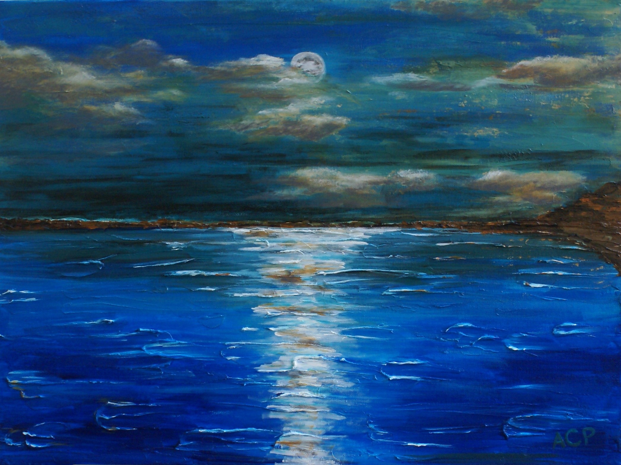 2097x1572 Moon Over A Bright Night Sky An Original Fine Art Piece - Moon Over Water Painting