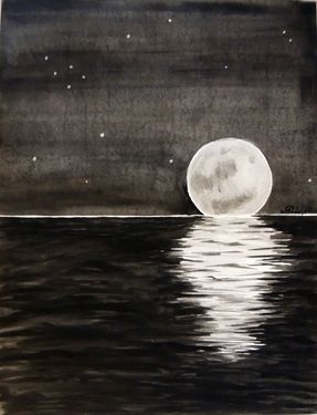 287x375 Moon Set Painting By Rachel Cross Cross Paintings - Moon Over Water Painting