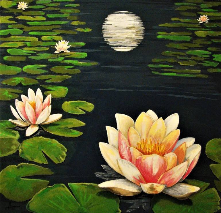 770x743 Saatchi Art Water Lily In Moon Reflection Painting By Patrick - Moon Over Water Painting