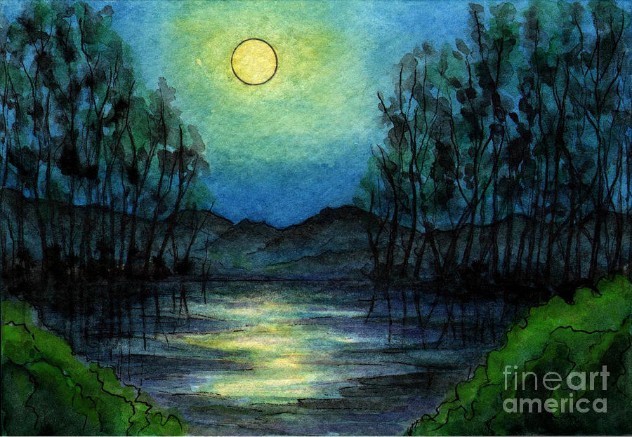 900x623 Sm014 Full Moon Over Lake Painting By Kirohan Art - Moon Over Water Painting