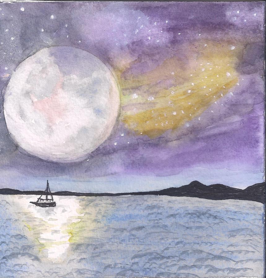 859x900 Full Moon Over Water Painting By Alison Gregg - Moon Over Water Painting