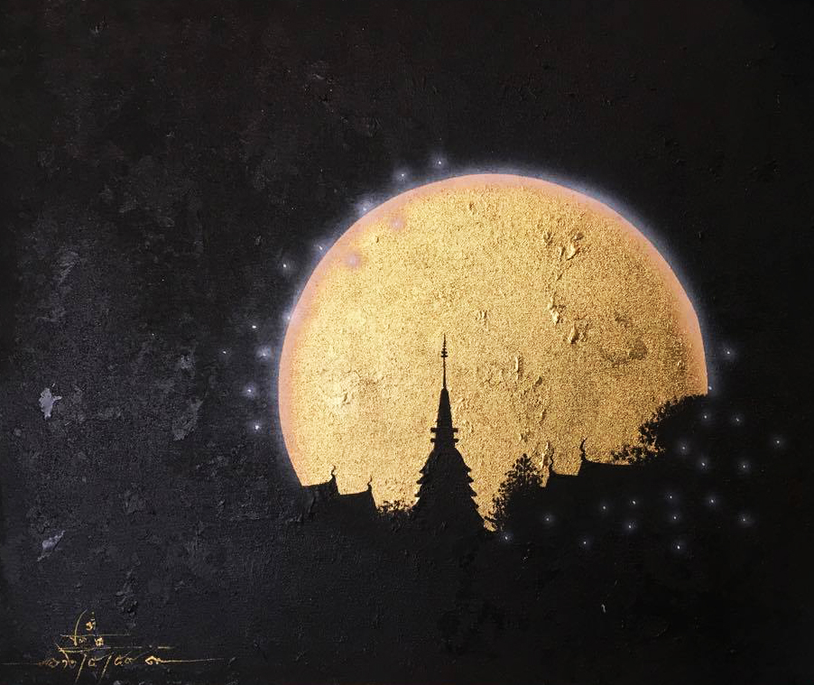 902x759 Moon Painting Ancient Thai Pagoda Royal Thai Art - Moon Painting