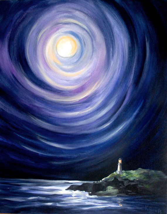 570x729 Moon And A Lighthouse, Surreal Landscape Painting - Moon Painting