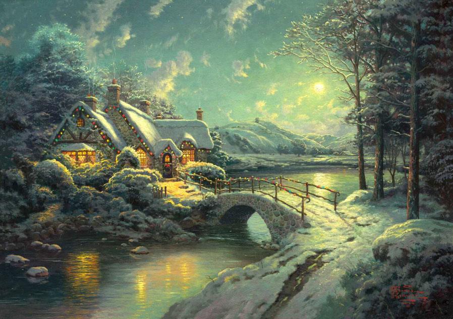 898x633 Thomas Kinkade Christmas Moonlight Painting Framed Paintings - Moon Painting Famous