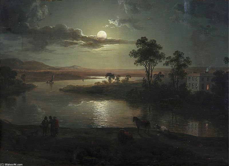 800x580 Evening Scene With Full Moon And Persons By Abraham Pether - Moon Painting Famous