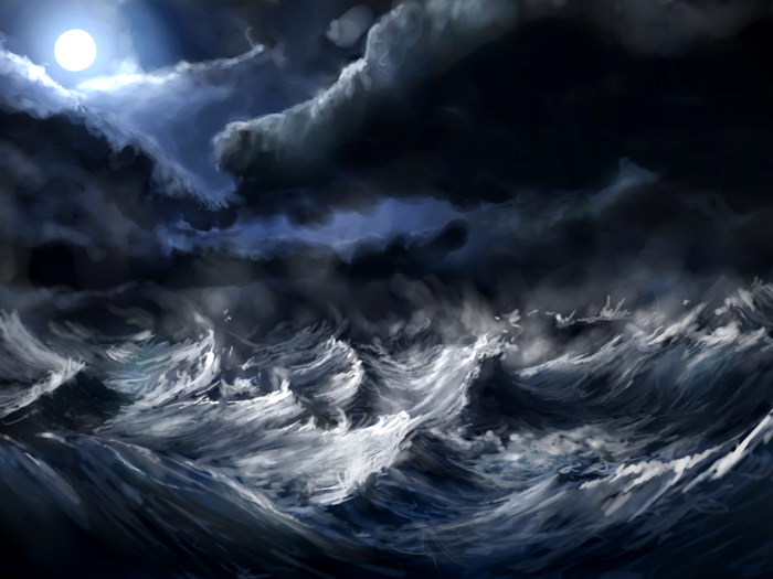700x525 Storm Sea Waves Night Moon Painting Art Nature Gigantic Print - Moon Painting Images