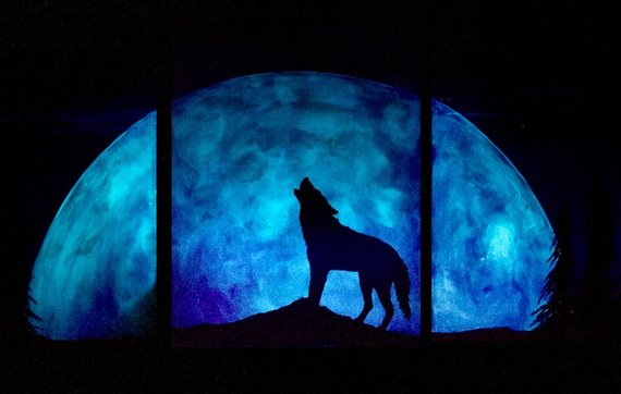 570x362 Wolf Moon Painting Original Art Glow In The Dark Night Sky - Moon Painting Images