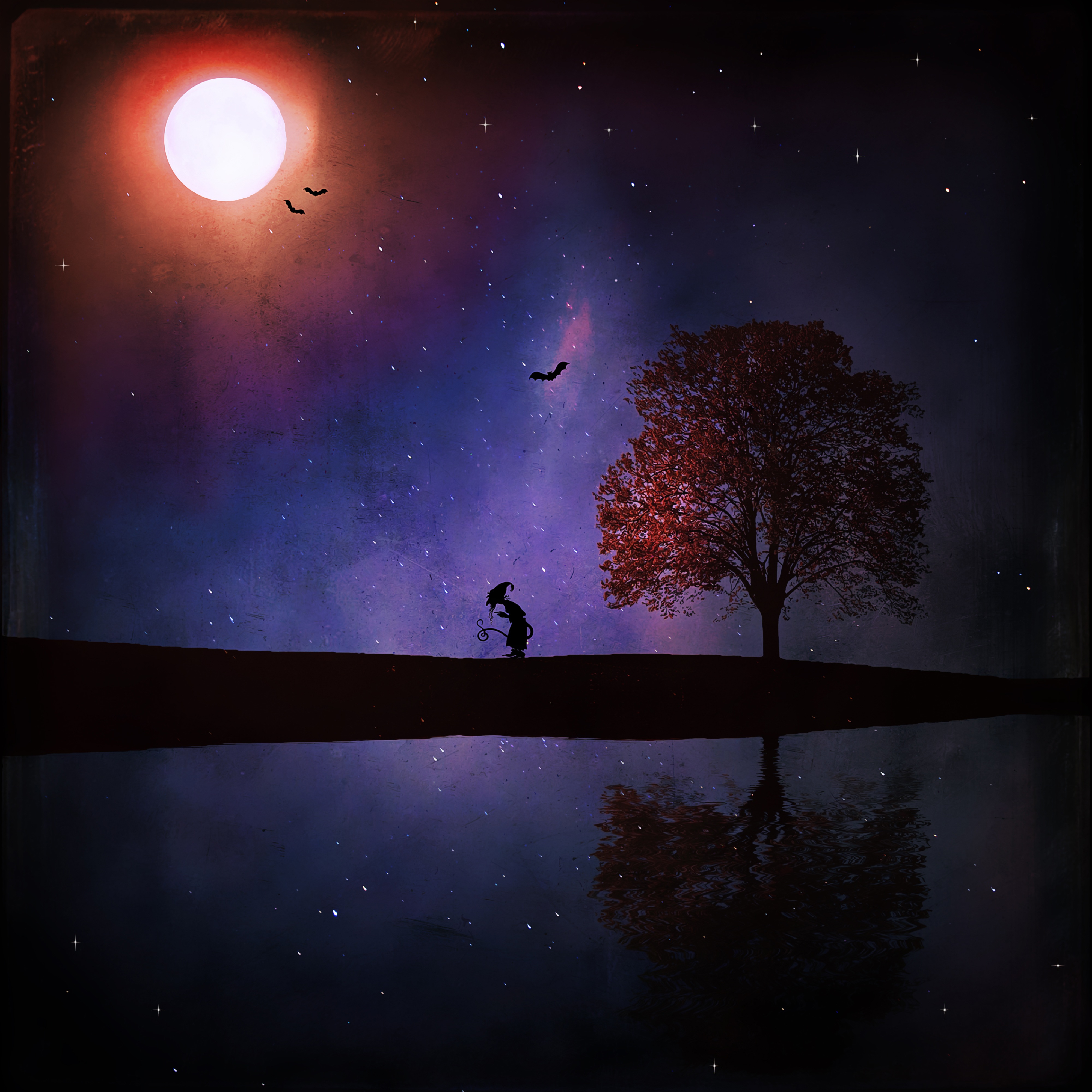 4000x4000 Free Images Landscape, Tree, Sky, Night, Star, Lake, Atmosphere - Moon Reflection Painting