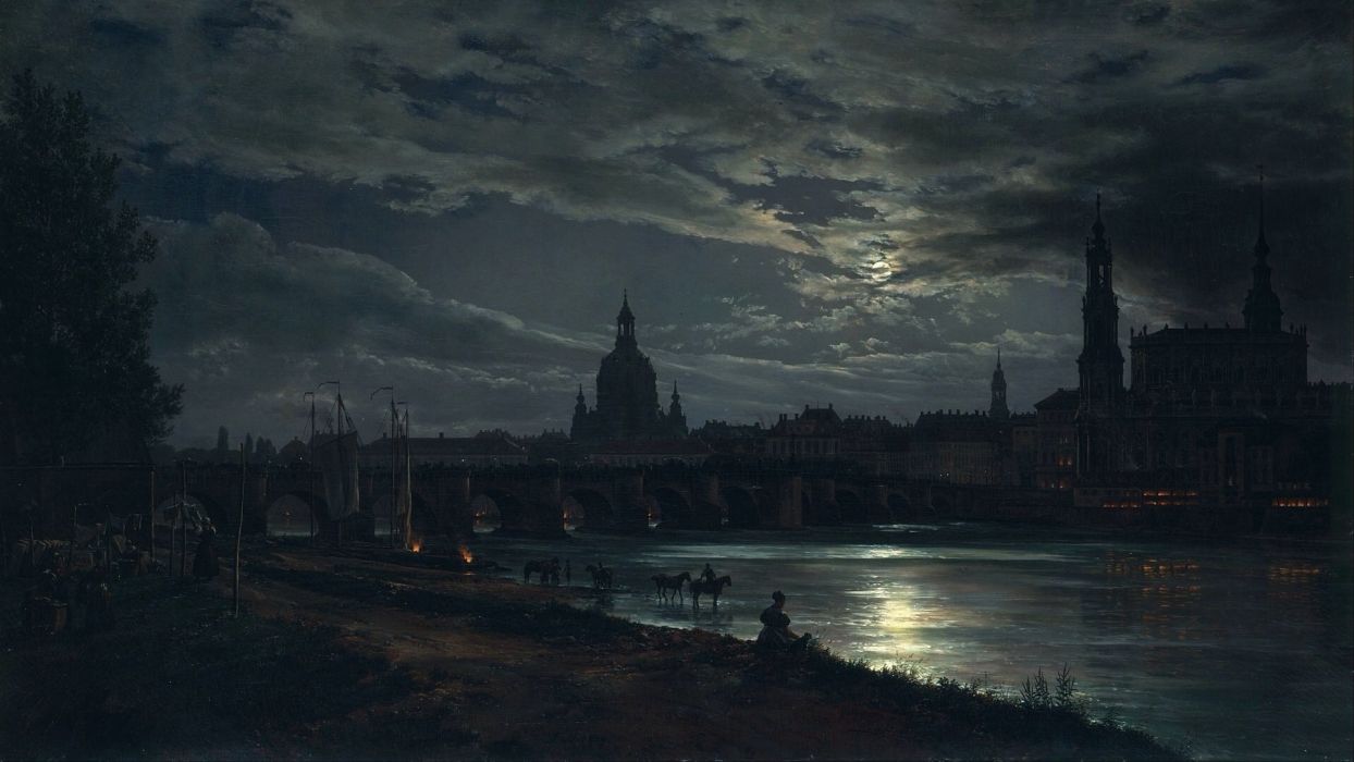 1244x700 Artwork Classic Art Painting J C Dahl Dresden Germany Cityscape - Moon Reflection Painting