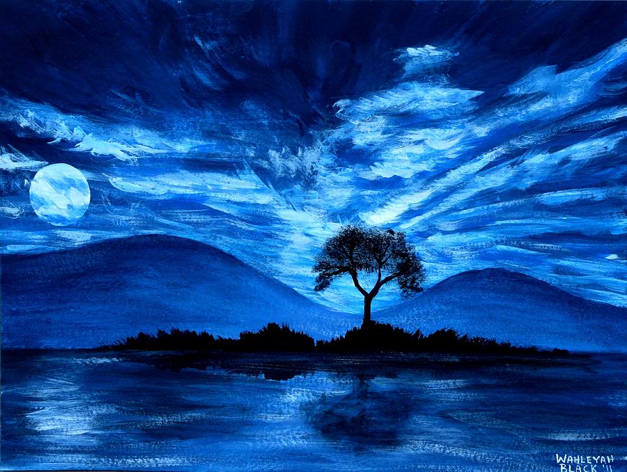 900x677 Blue Moon Painting By Wahleyah Black - Moon Reflection Painting