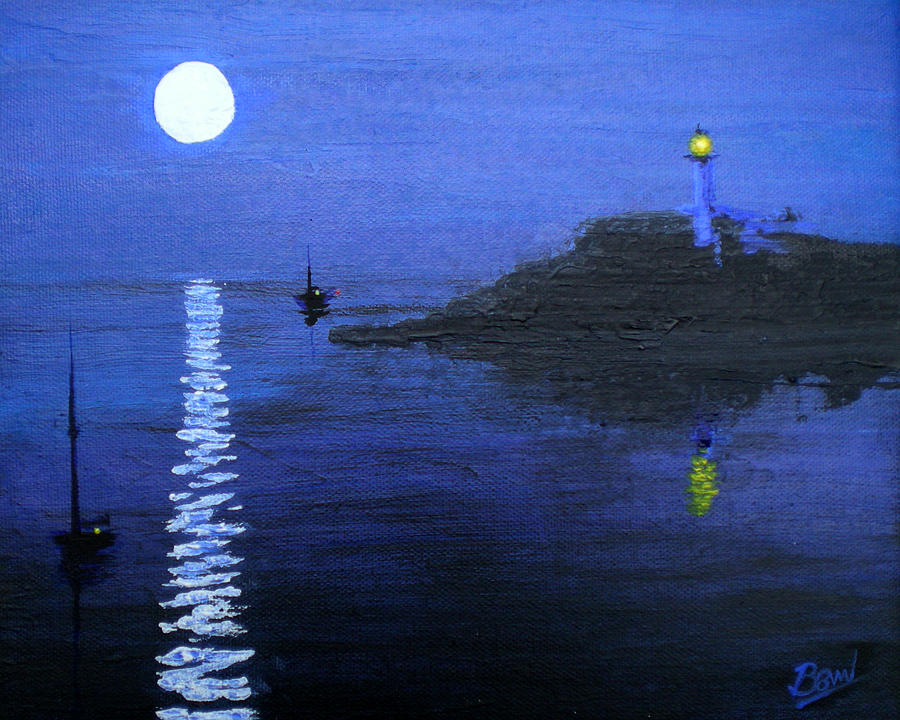 900x720 Blue Moon Rising Painting By Bill Brown - Moon Reflection Painting