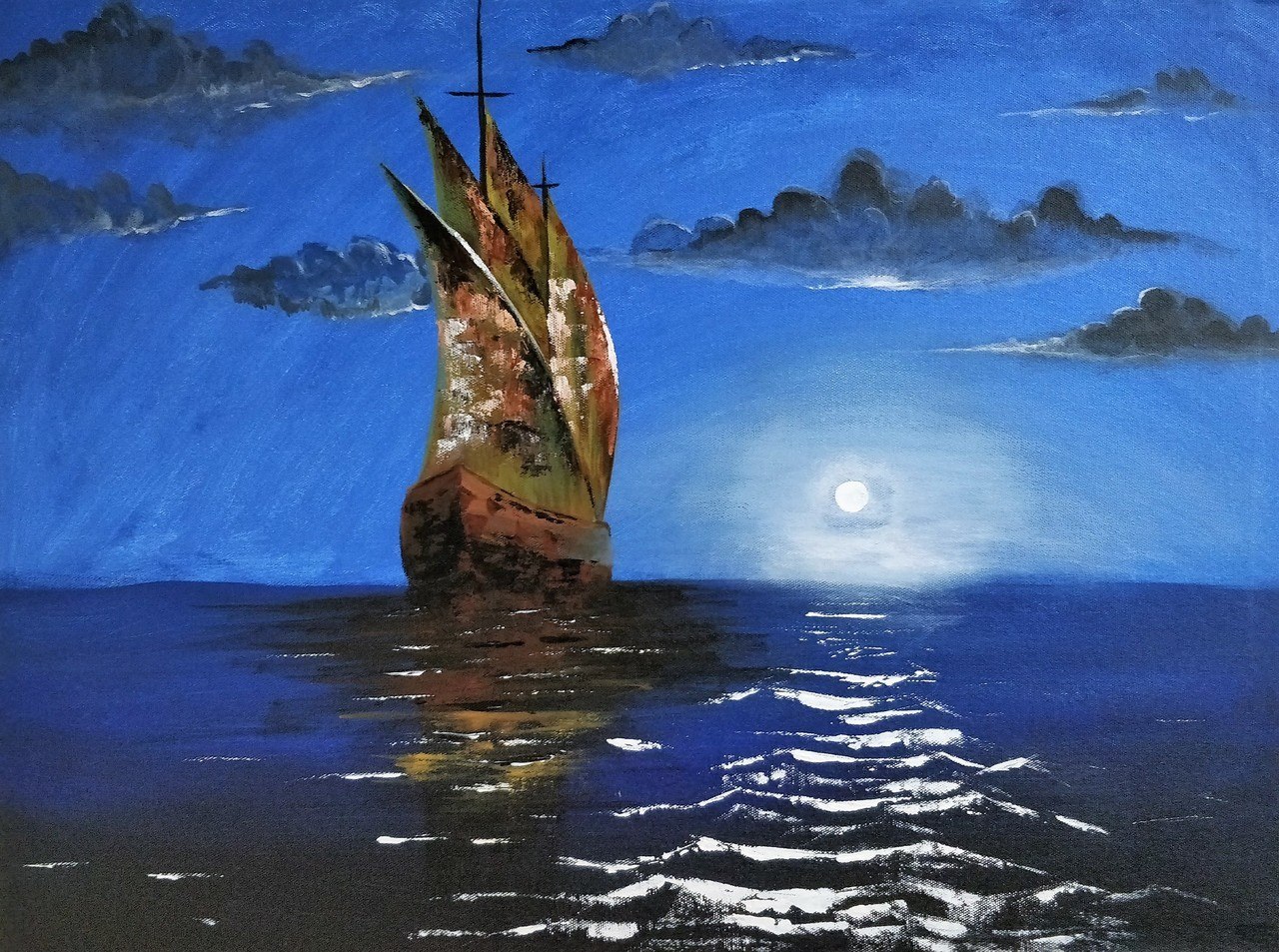 1280x953 Buy Ship In A Full Moon Night Handmade Painting By K Rajesh Kumar - Moon Reflection Painting