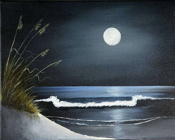 570x455 Moonlight Beach Original Oil Painting Stretched Canvas Night - Moonlight Beach Painting