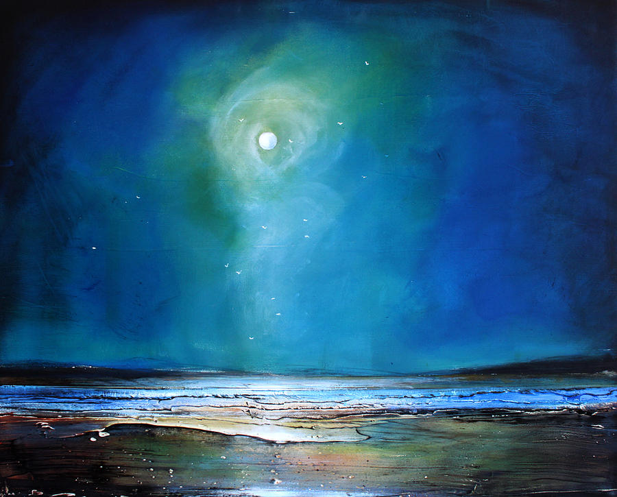 900x725 Moonlight Flyby Painting By Toni Grote - Moonlight Beach Painting