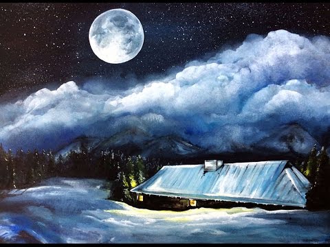 480x360 Watercolor Winter's Moon Full Demonstration In Detail - Moonlight On Water Painting