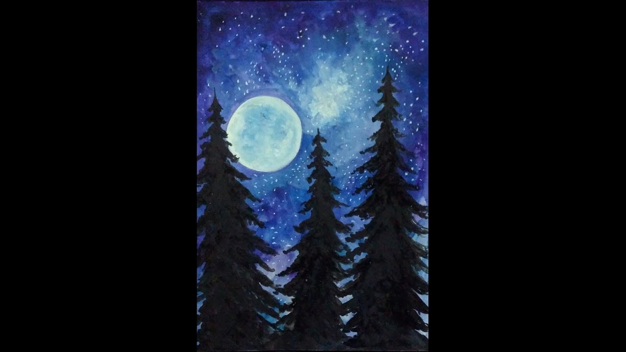 1280x720 Easy Watercolor Painting Moonlight Painting,night Sky,trees - Moonlight On Water Painting
