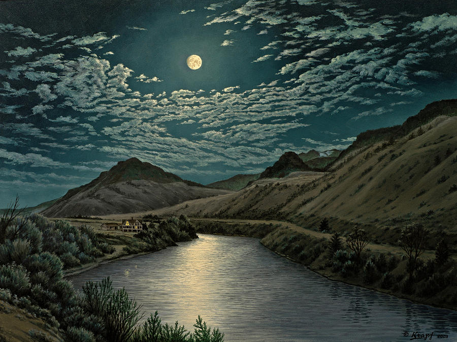 900x673 Moonlight On The Yellowstone Painting By Paul Krapf - Moonlight Painting