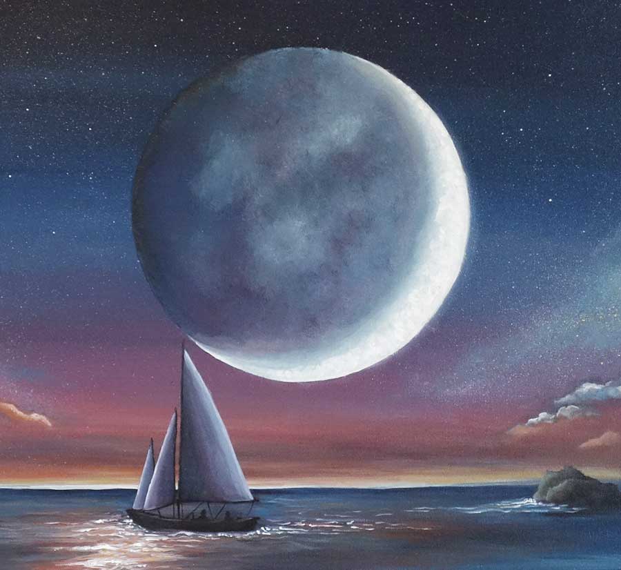 900x826 Moonlight Sailboat Painting, Sail Under Moonlight Blue Seascape - Moonlight Painting