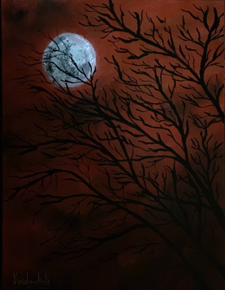 770x992 Saatchi Art Firey Forest Moonlight Painting By Krishnakali Roy - Moonlight Painting