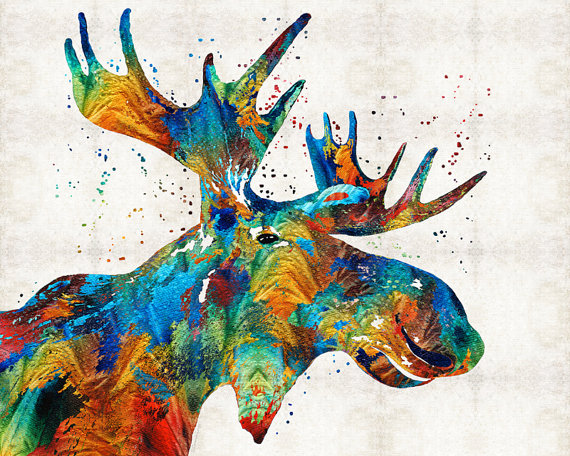 570x456 Colorful Moose Animal Art Print From Painting Big Game Animal - Moose Painting Canvas