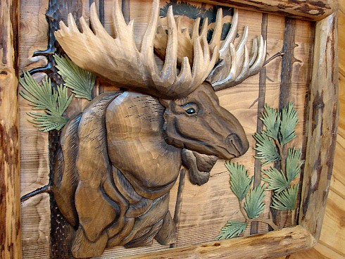 490x368 Moose R Intarsia Wood Art Bull Moose Head Log Framed Wall Decor - Moose Painting On Wood