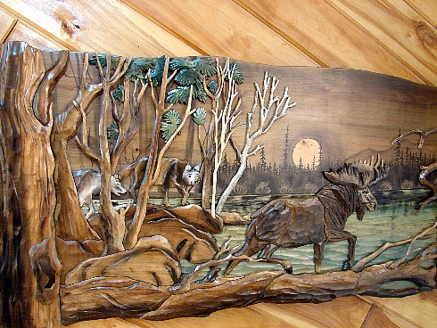 490x368 Moose R Intarsia Wood Art Bull Moose Wolves Lake Large Log - Moose Painting On Wood