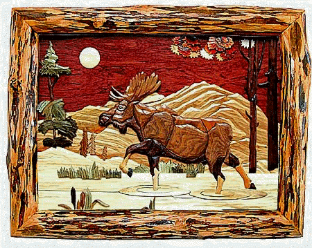 450x359 Moose R Intarsia Wood Art Walking Moose In Log Frame - Moose Painting On Wood