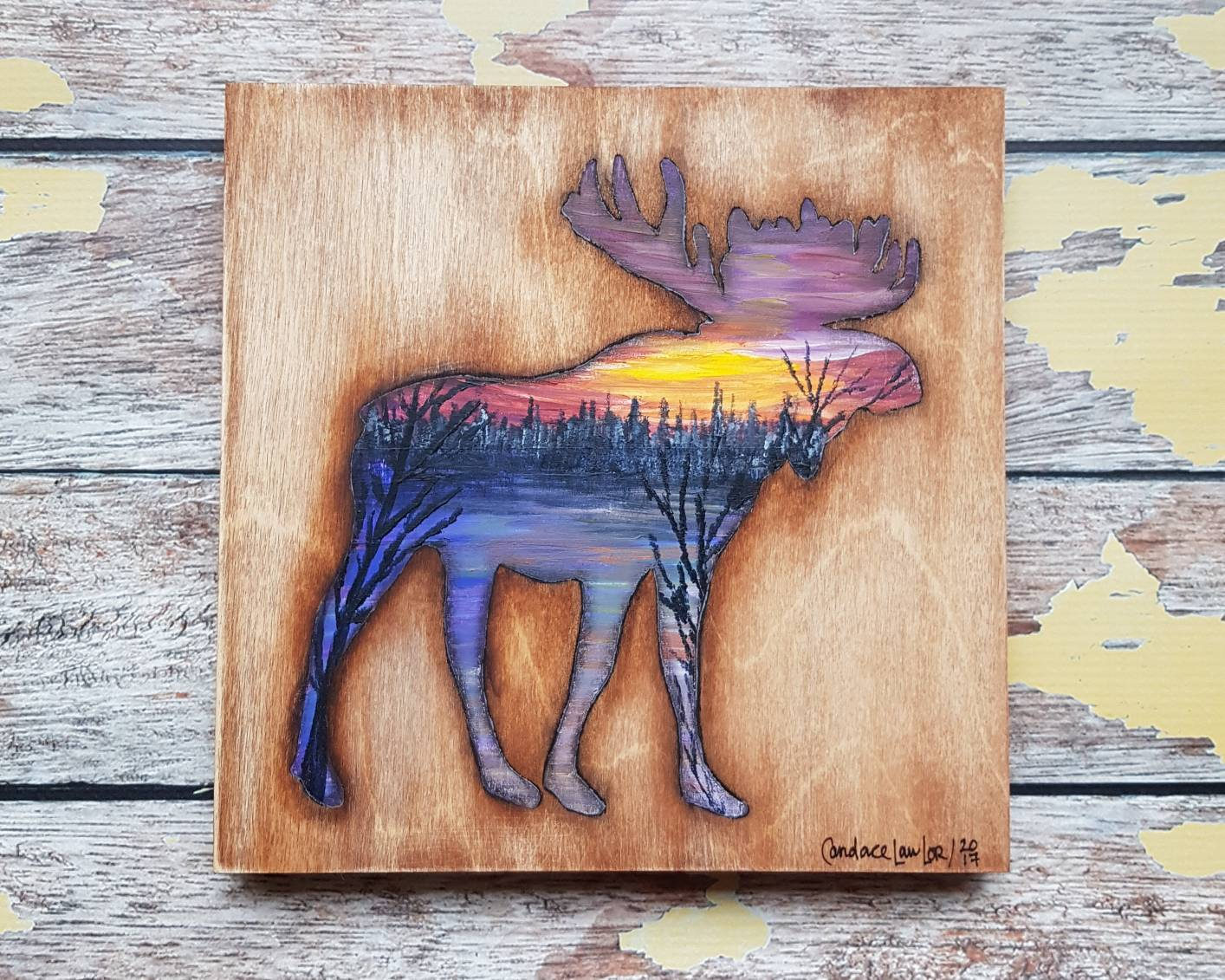 1414x1131 Moose Silhouette Painting Wildlife Art Landscape Painting 8 - Moose Painting On Wood
