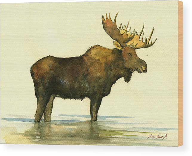 643x522 Moose Watercolor Painting. Wood Print By Juan Bosco - Moose Painting On Wood