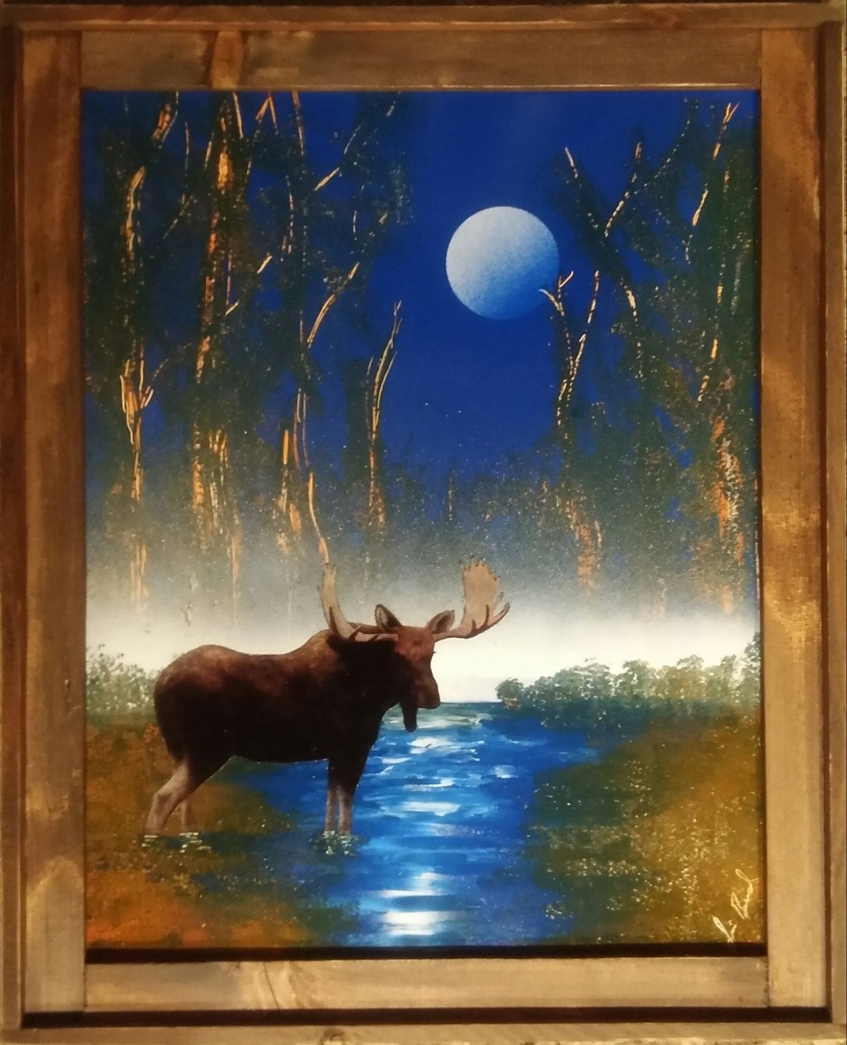 1216x1500 The Swamp Original Spray Painting With Wood Frame, Moose - Moose Painting On Wood