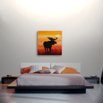 400x400 Male Moose Silhouette Painting Original Sunset Cattails Bullrushes - Moose Silhouette Painting
