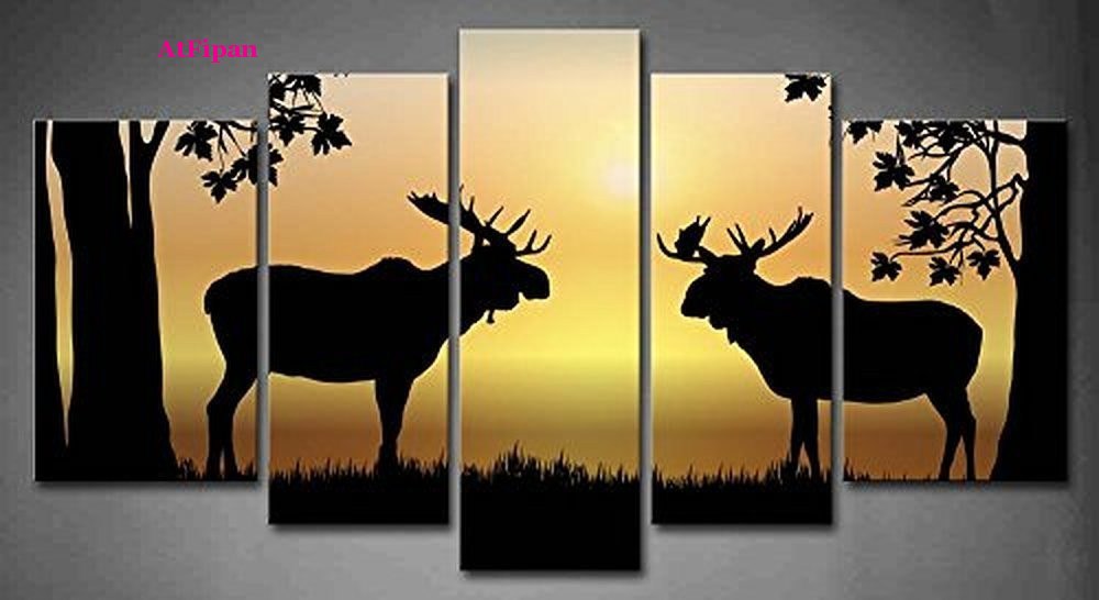 1000x546fipan Moose Sunrise Illustration Of Two Moose In Forest - Moose Silhouette Painting