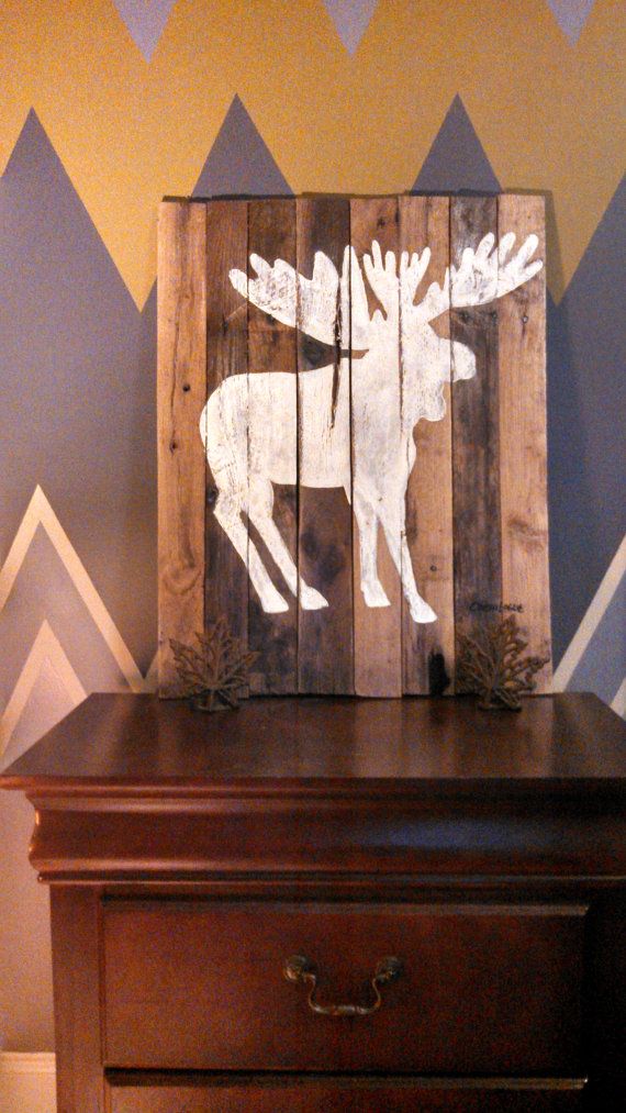 570x1013 Hand Made Distressed Wood Pallet Moose Silhouette Painting 22x28 - Moose Silhouette Painting
