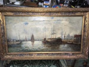 300x225 D. Moretti, 18801910 Oil Painting Of Harbour Scene Fisher Boats - Moretti Painting