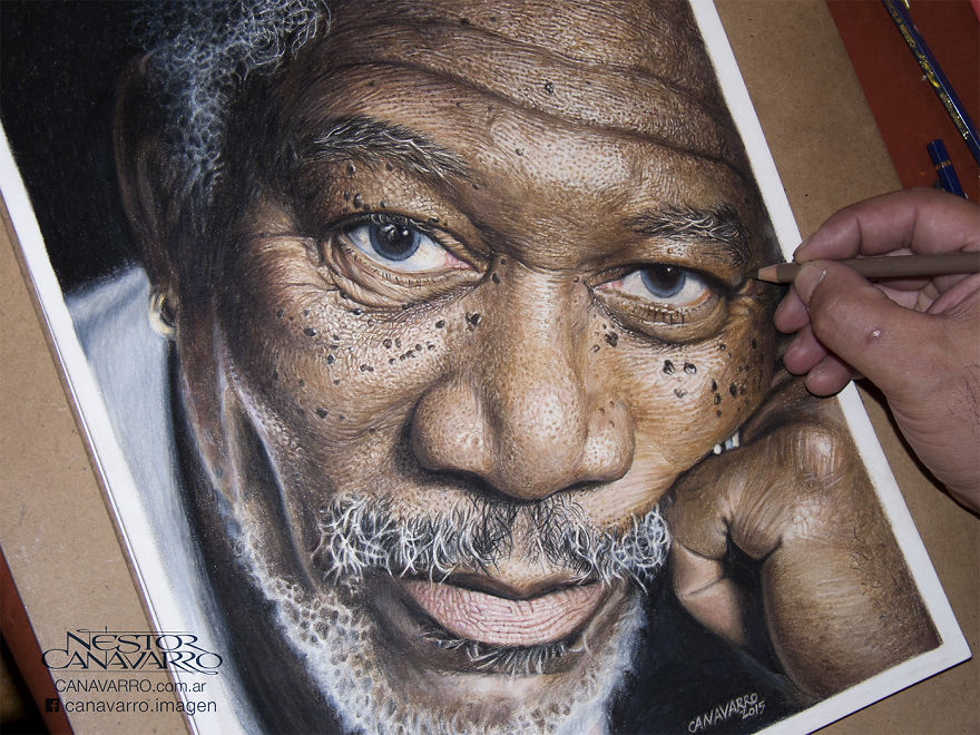 880x660 Super Detailed Drawing Of Morgan Freeman In Color Pencils - Morgan Freeman Painting