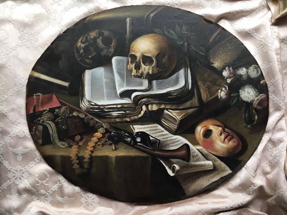 1000x750 Antique Memento Mori Vanitas Painting Oil On Canvas Skull Cabinet - Mori Painting