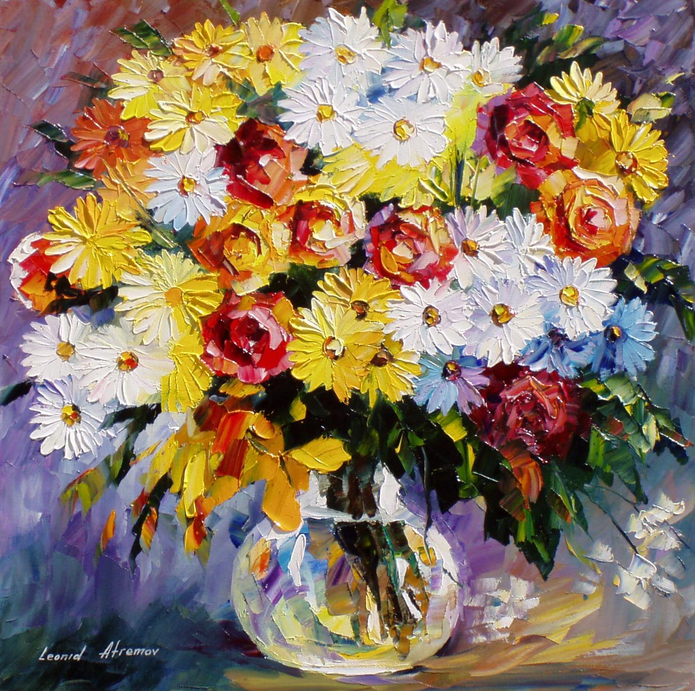 1370x1361 Morning Flowers Palette Knife Oil Painting On Canvas By Leonid - Morning Painting