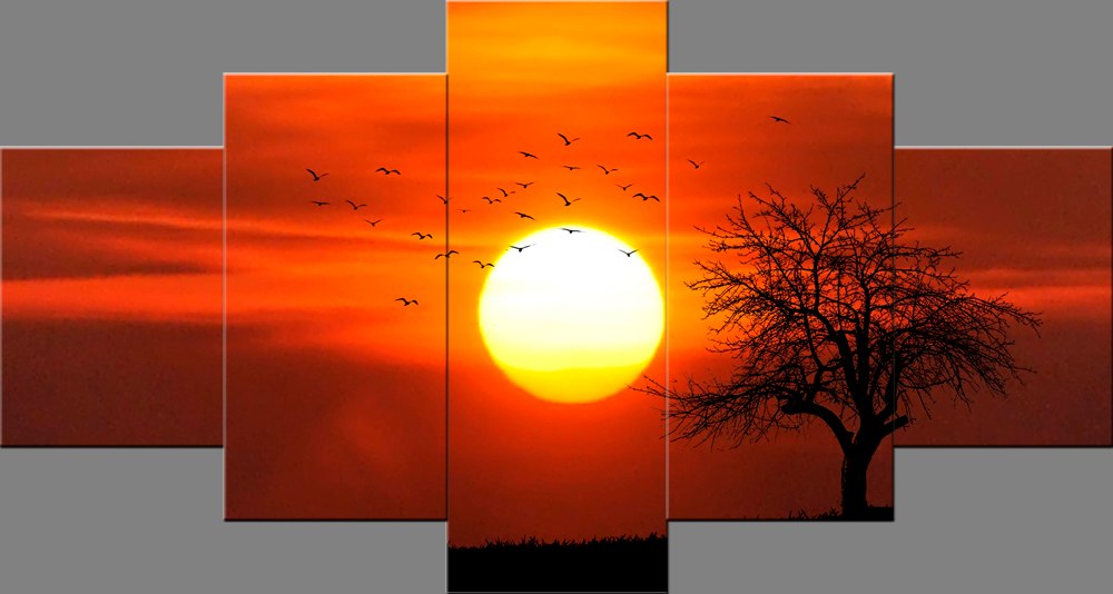1000x534 Hd Printed 5 Piece Canvas Art Morning Sunrise Birds Tree Oil - Morning Sunrise Painting