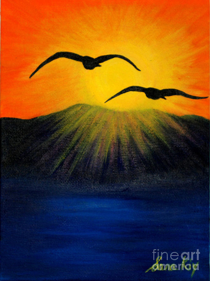 671x900 Sunrise And Two Seagulls Painting By Oksana Semenchenko - Morning Sunrise Painting