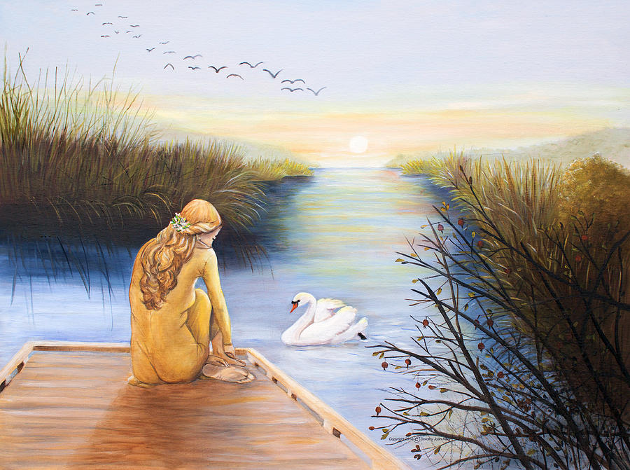 900x671 Swan Bride At Sunrise Painting By Dorothy Riley - Morning Sunrise Painting