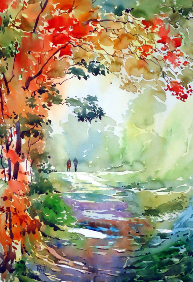 617x900 Morning Walk Painting By Artist Raji P - Morning Walk Painting